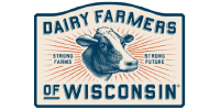 Logo for Dairy Farmers of Wisconsin featuring a cow’s head in the center, with the words “Strong Farms” and “Strong Future” on either side and bold text below.