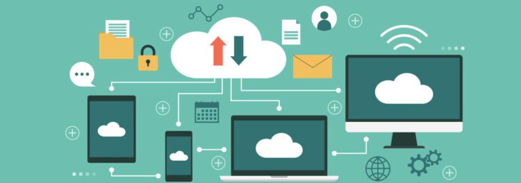 Illustration of cloud computing with devices like a smartphone, tablet, laptop, and desktop connected to a central cloud icon, dispelling common cloud myths about data sharing and synchronization.