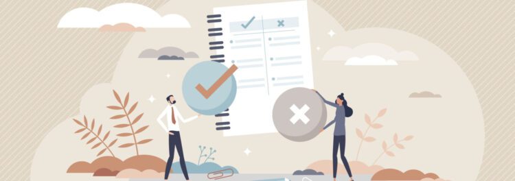 Illustration of two people holding large checkmark and cross symbols in front of an oversized checklist, symbolizing decision-making or evaluating options like Enterprise Platform vs Point Solution.