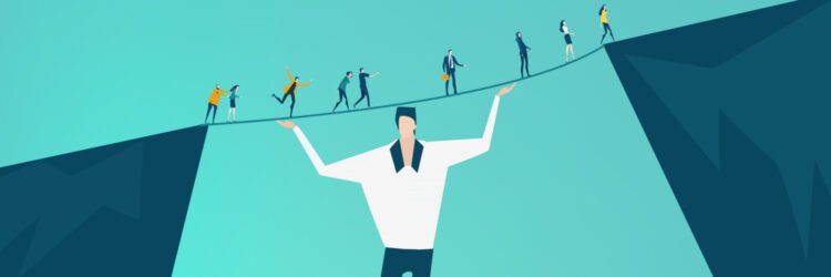 An illustrated figure holds up a bridge between two cliffs while several smaller people walk across, symbolizing support that leads to faster ROI.