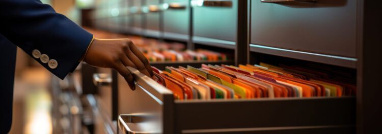 A person’s hand searches through a drawer filled with organized, color-coded file folders in a filing cabinet, reflecting efficient hr document retention practices.