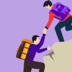 Illustration of two hikers on a rocky slope; one hiker helps pull the other up by the hand, symbolizing employee engagement and teamwork, both carrying backpacks, against a purple background.