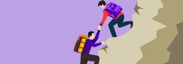 Illustration of two hikers on a rocky slope; one hiker helps pull the other up by the hand, symbolizing employee engagement and teamwork, both carrying backpacks, against a purple background.