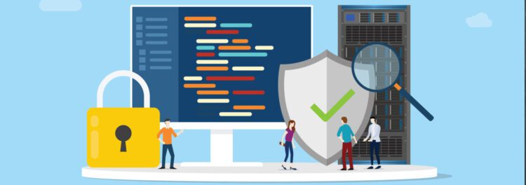 Illustration of people standing near a large computer screen with code, a server, a magnifying glass, a shield with a checkmark, and a padlock, highlighting cybersecurity concepts and protection against accounts payable fraud.