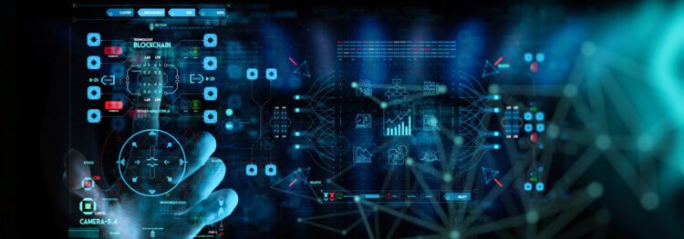 A hand interacts with a futuristic digital interface displaying data charts, blockchain icons, process mining visuals, and network connections on a blue, high-tech background.