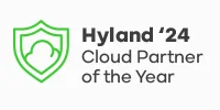 Green shield icon with a cloud next to the text "Hyland '24 Cloud Partner of the Year" on a white background.
