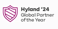 A magenta shield icon next to the text "Hyland '24 Global Partner of the Year" on a white background.