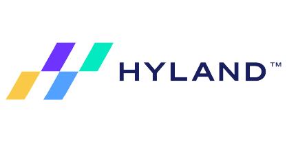 Hyland logo featuring four colored parallelograms in yellow, purple, teal, and blue, arranged diagonally next to the word "HYLAND" in dark blue text.