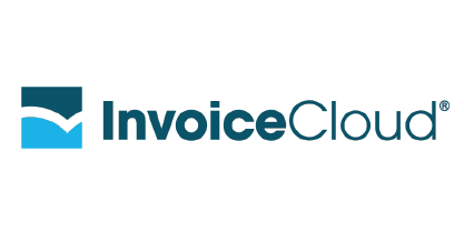 InvoiceCloud logo featuring a blue square with a checkmark design next to the text "InvoiceCloud" on a black background.