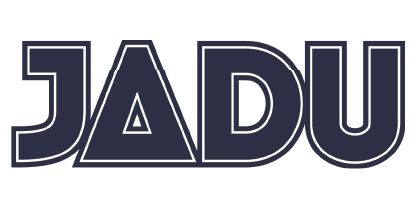 The word "JADU" is written in bold, dark blue uppercase letters with geometric, stylized shapes on a black background.