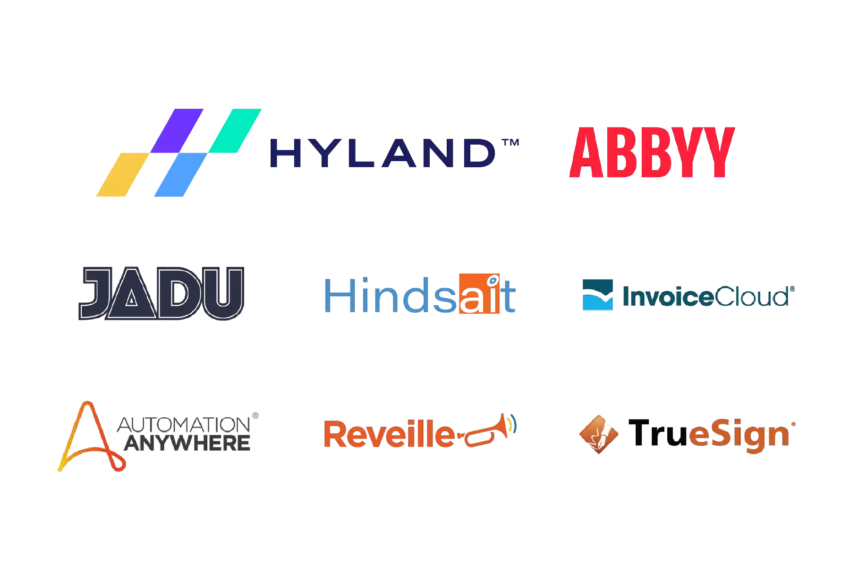 A collection of nine business software company logos, including Hyland, ABBYY, Jadu, Hindsait, InvoiceCloud, SIGNiX, Reveille, and TrueSign, displayed on a white background.