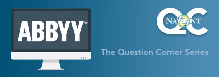 A computer monitor displays the ABBYY logo on a blue background with the Navilant QCC logo and text reading "The Question Corner Series: How to Convert a Health Claim Form to an EDI 837 Format.