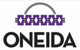 The image shows the Oneida Nation logo with five purple squares featuring white diamonds, a gray arch above, and the word "ONEIDA" in bold black letters below.