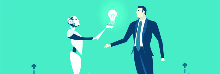 A robot hands a glowing lightbulb to a man in a suit, symbolizing the exchange of ideas between artificial intelligence and humans, and highlighting the impact of Robotic Process Automation Finance on innovation.