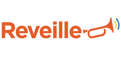 The word "Reveille" is written in orange on a black background, with the last "e" stylized as a bugle emitting sound waves.