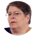 A middle-aged woman with short brown hair and glasses looks slightly to the side; her expression is neutral.