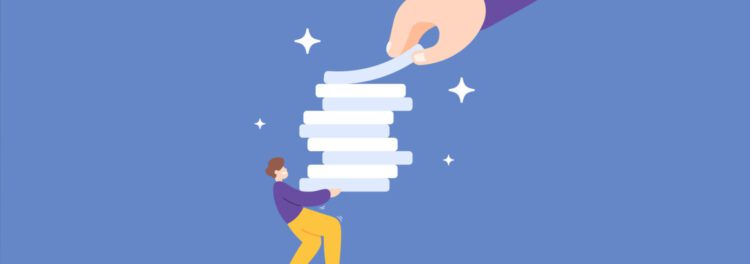 Illustration of a person holding a stack of papers while a large hand from above—representing managed services—adds another paper to the stack, set against a blue background with sparkles.