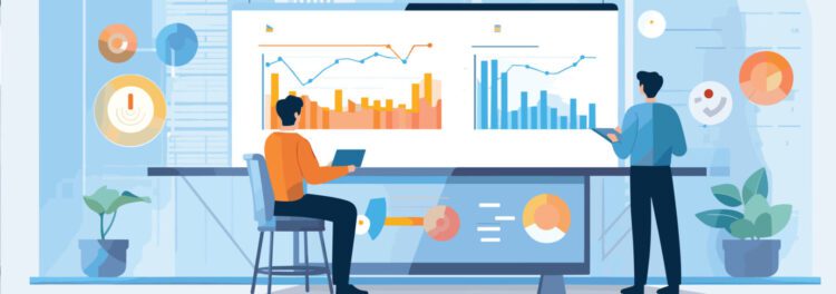 Two people analyze bar and line graphs on a large digital screen in an office, using tablets and laptops to explore managed services offerings amid dynamic data visualizations.