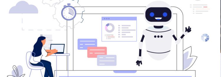 A woman works on a laptop while a large robot waves from a computer screen displaying charts and messages, symbolizing AI and human collaboration and hinting at the future of RPA.