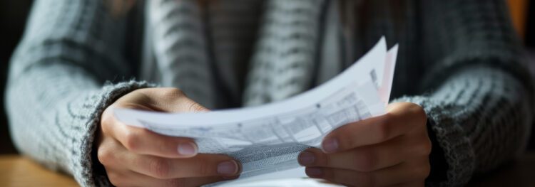A person wearing a knit sweater holds and looks through several sheets of paper with printed text, exploring intelligent document processing use cases.