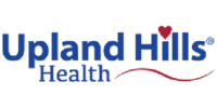 Upland Hills Health logo with a red heart above the "i" in "Hills" and a red wave under the word "Health" on a black background.
