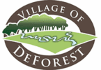 Logo of the Village of DeForest featuring stylized trees, a winding river, and the text "Village of DeForest" in an oval design.