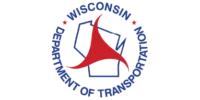 Wisconsin Department of Transportation logo featuring a red abstract symbol over a blue outline of Wisconsin with blue text and red stars in a circular design.