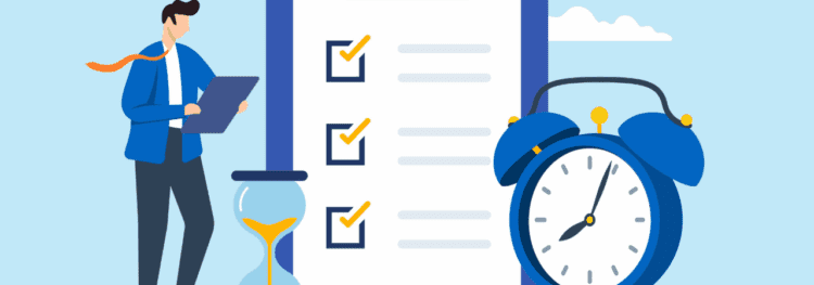 Illustration of a person holding a laptop beside a checklist, an hourglass, and a large alarm clock, symbolizing time management and task completion—ideal for explaining what is intelligent document processing.
