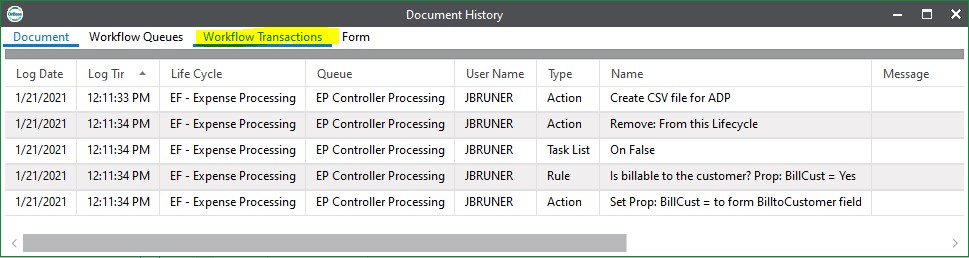 Aan example of what an audit resource might look like when using Log Execution for the history of the Workflow Transactions