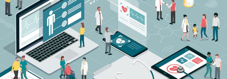 Illustration of healthcare professionals and patients interacting with digital health records on laptops, tablets, and phones, highlighting cms form data extraction in a modern medical technology setting.