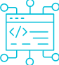A blue line drawing of a webpage with code symbols in the center, connected to six circles by lines, representing technology or web development.