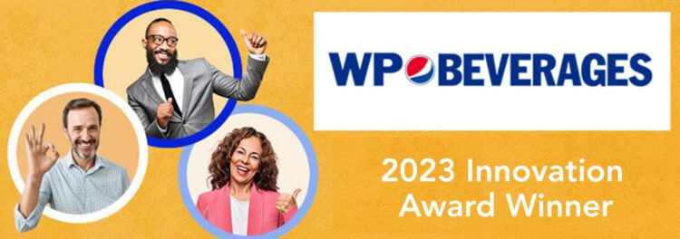 WP Beverages logo with “2023 Innovation Award Winner” text and three diverse, smiling people giving positive hand gestures.