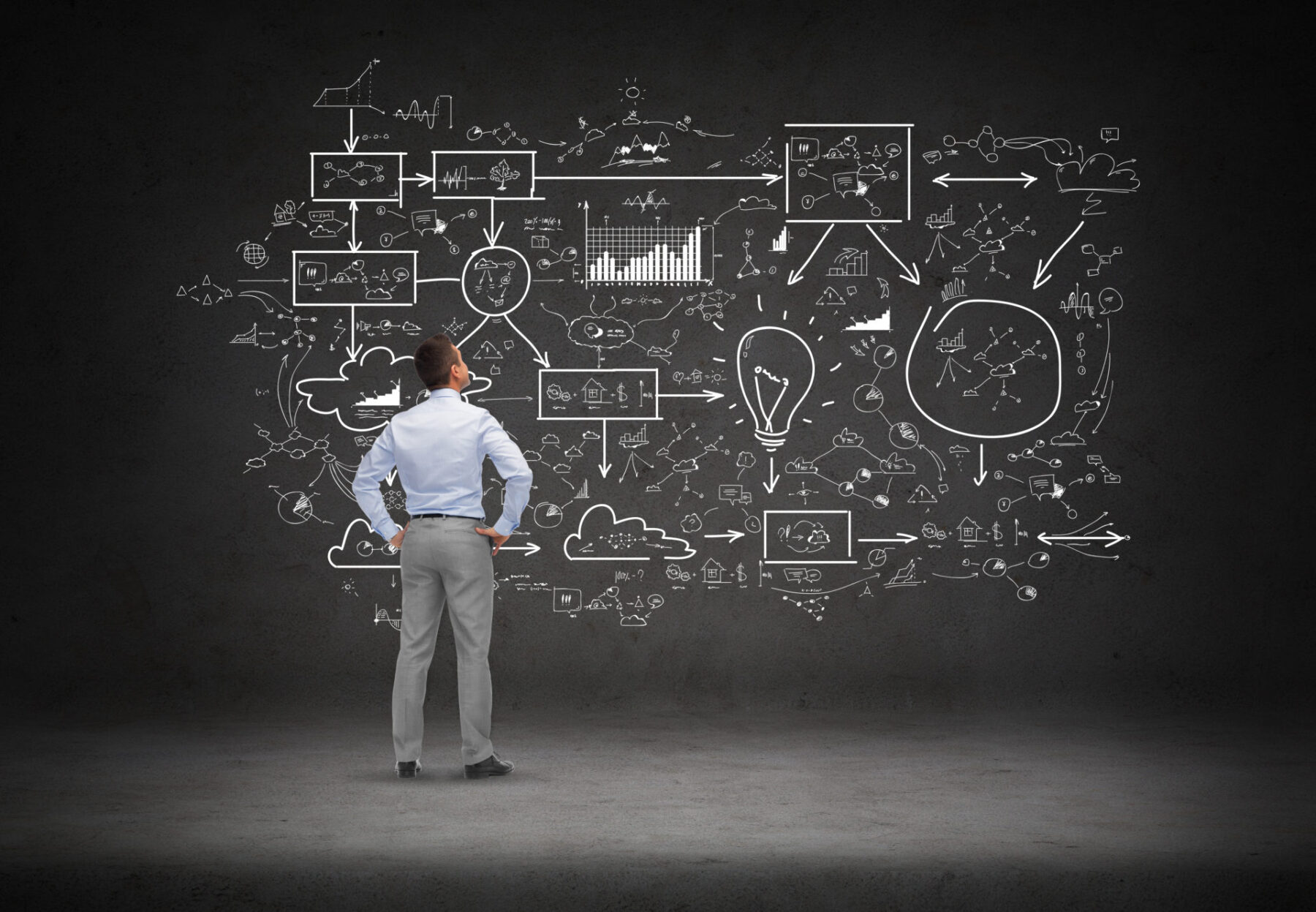man looking at wall of equations and notes