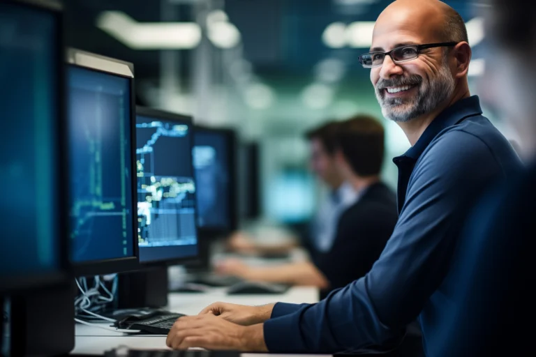 A man wearing glasses sits at a desk in an office, working on a computer with graphs displayed on the screen. Other people are visible at desks in the background.