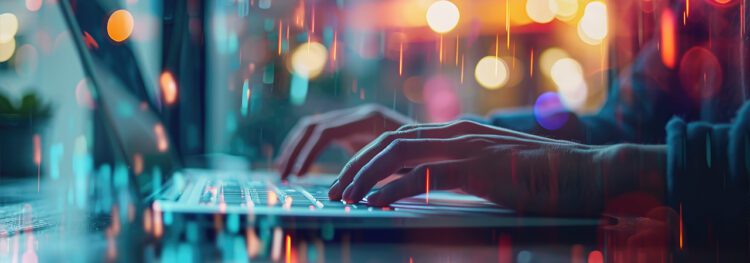 Hands typing on a laptop keyboard with colorful, blurred city lights and digital effects in the background, highlighting the dynamic world of Intelligent Automation Acronyms.