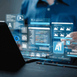 A person uses a laptop with floating digital graphics showing AI, code, charts, and icons representing artificial intelligence technologies and automation.