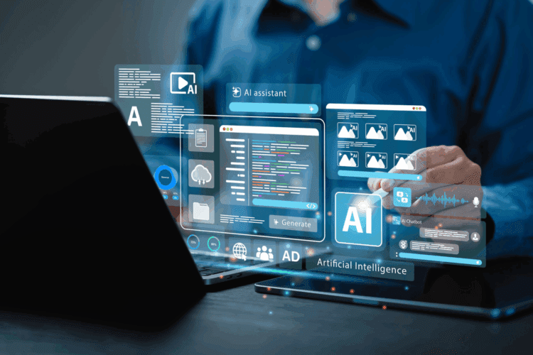 A person uses a laptop with floating digital graphics showing AI, code, charts, and icons representing artificial intelligence technologies and automation.