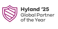 A magenta shield icon next to the text "Hyland '25 Global Partner of the Year" on a white background.