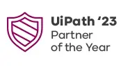 A maroon outlined shield icon next to the text "UiPath '23 Partner of the Year" on a white background.