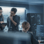 Three people in an office, two standing and discussing something on a tablet, one sitting at a desk working on a computer with code on-screen. Whiteboards and monitors in the background.