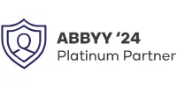 ABBYY '24 Platinum Partner logo featuring a shield outline with a user icon beside the text "ABBYY '24 Platinum Partner" on a white background.