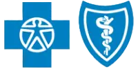 Blue Cross logo on the left featuring a human figure inside a blue cross, and Blue Shield logo on the right with a white caduceus symbol inside a blue shield.