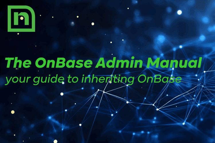 Cover image for "The OnBase Administrator Manual" featuring green text on a blue abstract network background, with a green logo in the top left corner.