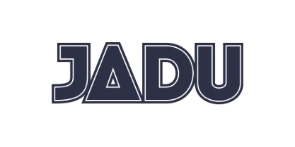 The image shows the word "JADU" in bold, dark blue uppercase letters on a transparent background.