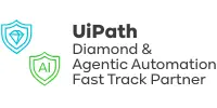 UiPath logo with text: "Diamond & Agentic Automation Fast Track Partner" alongside diamond and AI shield icons.