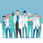 Group illustration of eight medical professionals, including doctors and nurses, standing together in uniforms with medical equipment against a blue background.
