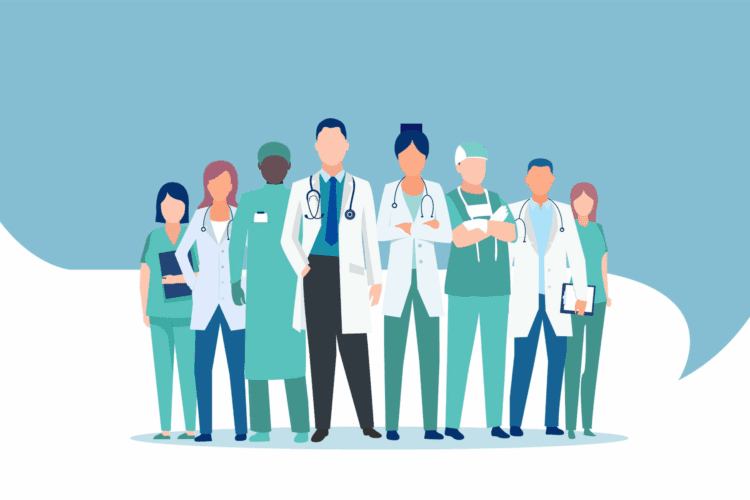 Group illustration of eight medical professionals, including doctors and nurses, standing together in uniforms with medical equipment against a blue background.