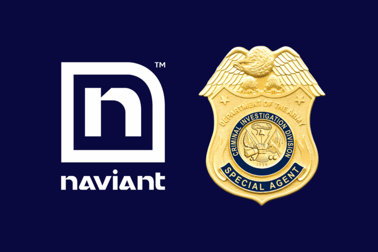 White "naviant" logo and text appear beside a gold badge labeled "Department of the Treasury Criminal Investigation Division Special Agent" on a dark blue background.