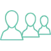 Simple icon of three overlapping user silhouettes in turquoise outline on a gray background, representing a group or community.