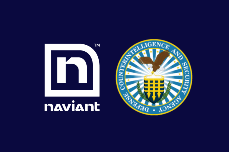 Logos of Naviant and the Defense Counterintelligence and Security Agency (DCSA) side by side on a dark blue background.